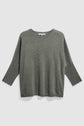 A loose-fitting, long-sleeve, olive green pull kaki sweater with a crew neckline, straight hem, and ribbed cuffs and hem, laid flat on a white background.
