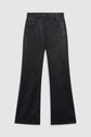 Black leather flared pants with front pockets, button closures, and seam detailing at the knees—these élégant pantalon cuir femme are designed with a flattering pantalon taille haute fit, displayed on a plain white background.