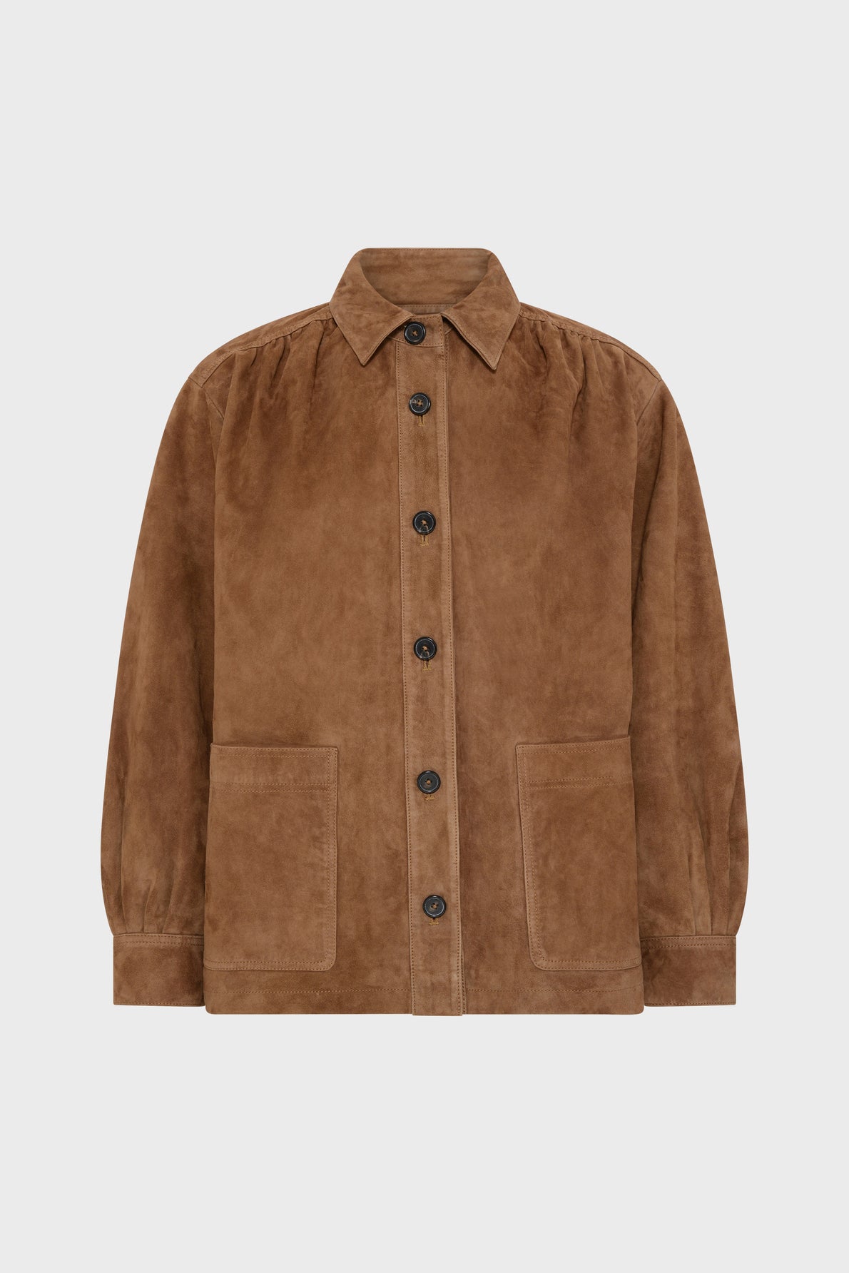 A brown suede jacket with black buttons, two front pockets, long sleeves, and a collar, displayed against a plain light gray background.