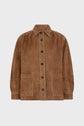 A brown suede jacket with black buttons, two front pockets, long sleeves, and a collar, displayed against a plain light gray background.
