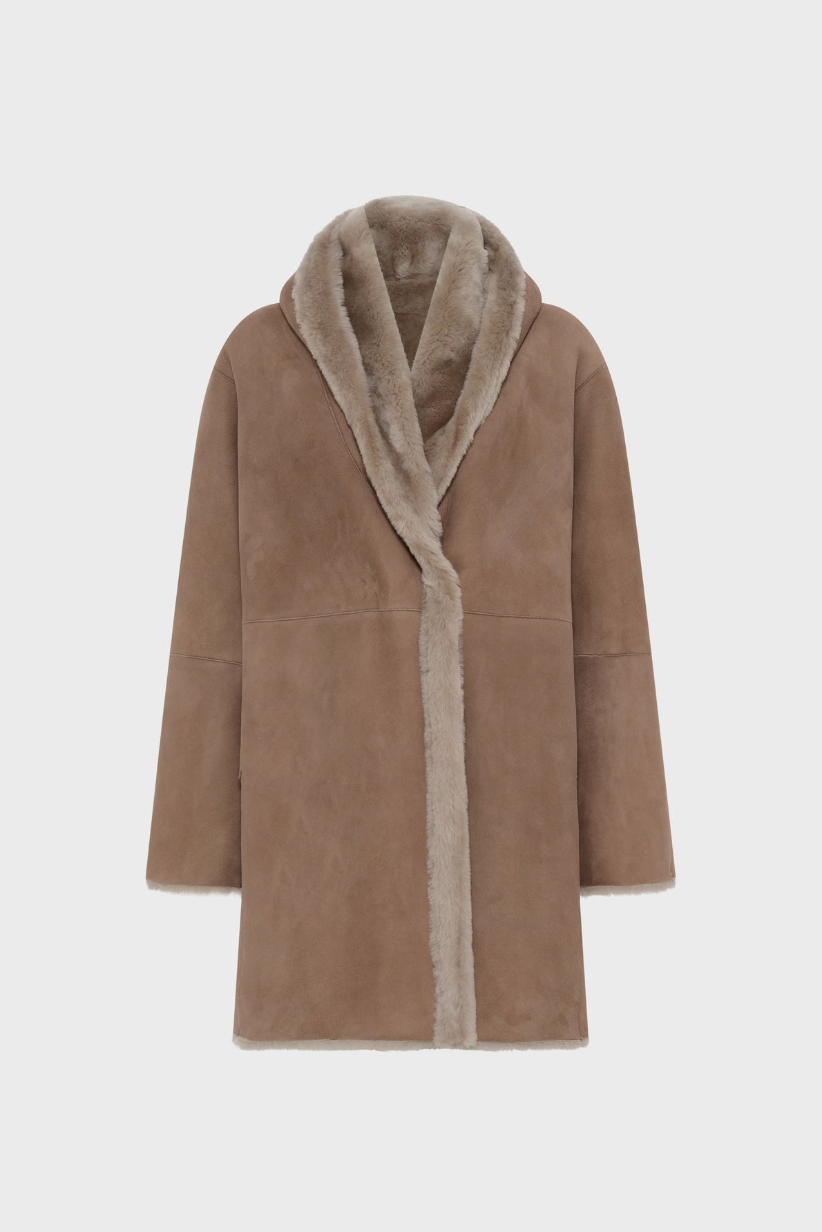 A brown suede manteau peau lainée with a wide, plush, light brown shearling collar and lining, displayed on a plain white background. The coat features long sleeves and a relaxed fit.