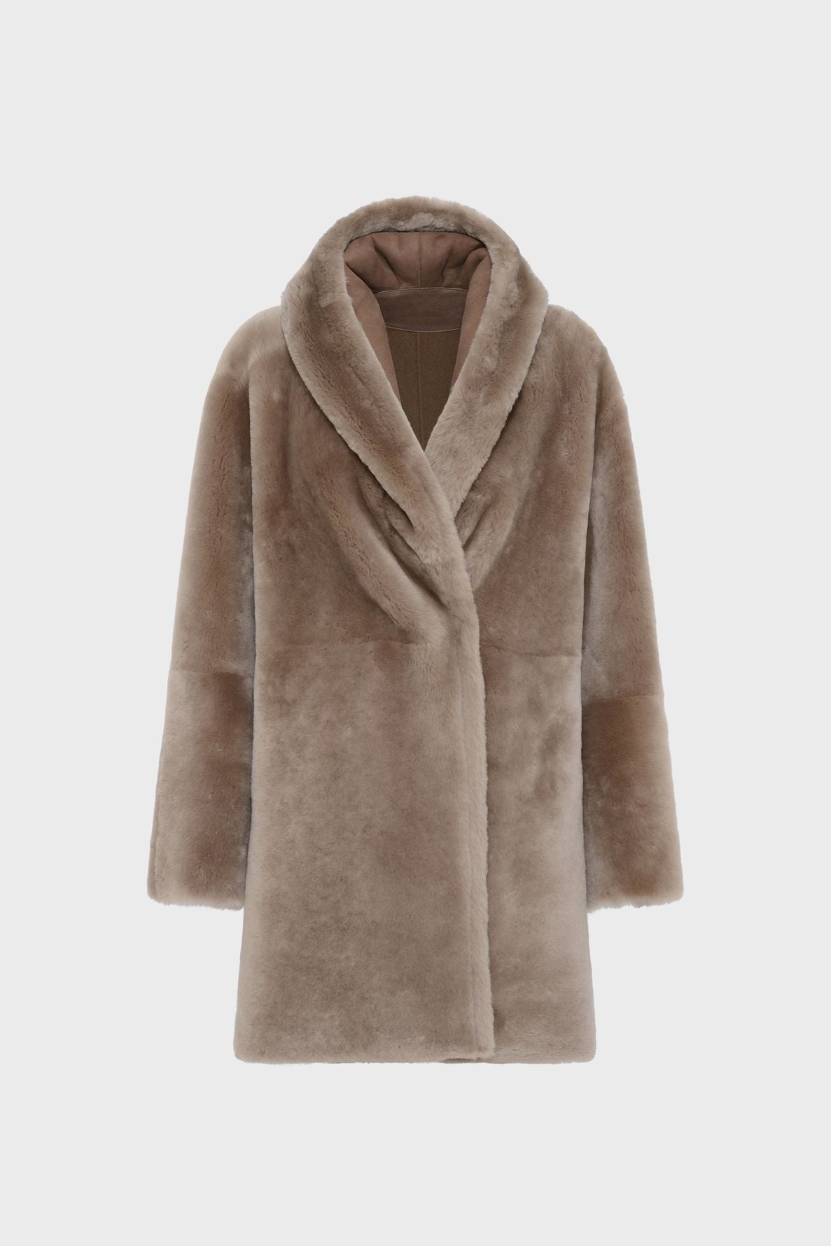 A taupe faux fur coat with long sleeves, a wide shawl collar reminiscent of a classic manteau col châle, and a straight cut, displayed against a plain white background.