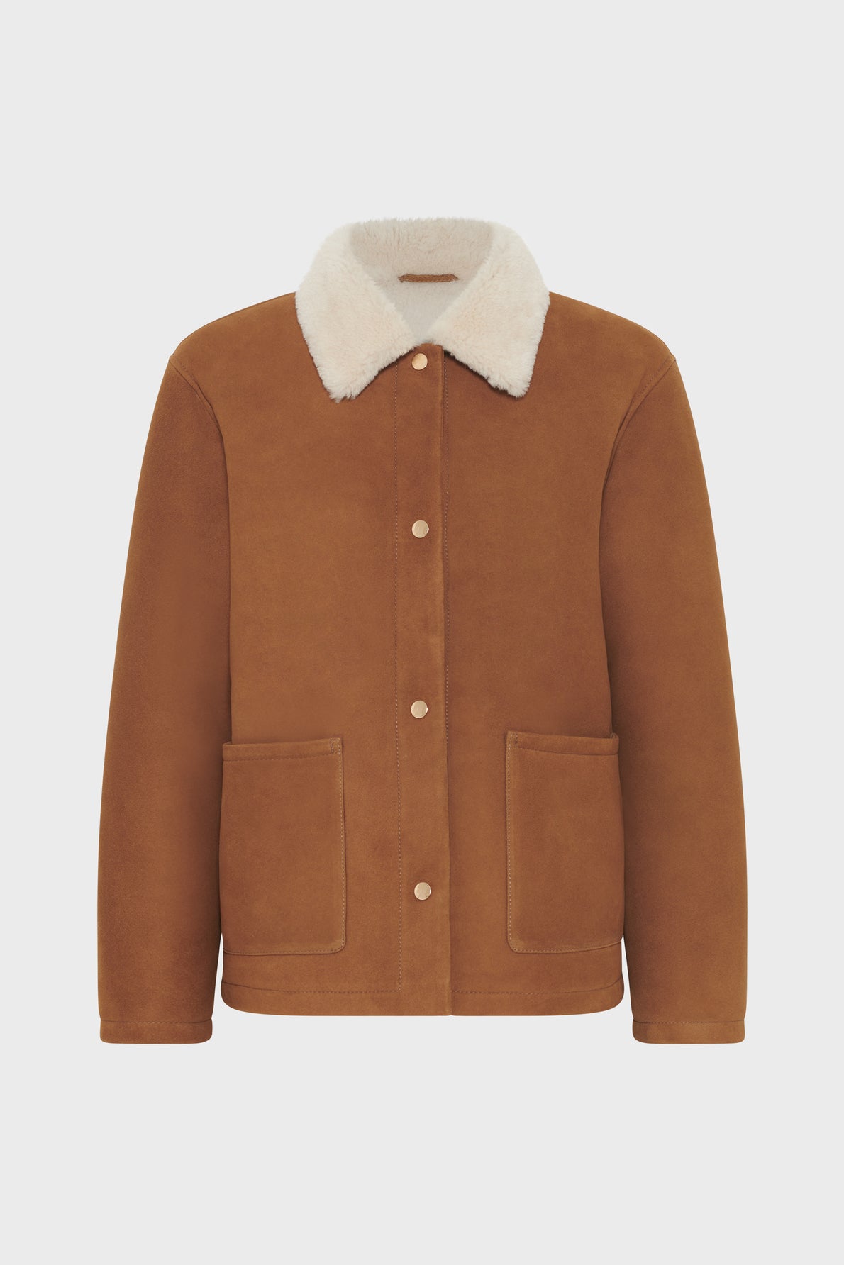 Brown suede jacket with a white, fluffy sherpa collar, button front closure, and two front pockets, displayed on a plain white background—a cozy veste camel style that perfectly complements any modern wardrobe.