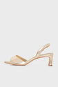 A single gold open-toe slingback sandal with a low, block heel is shown against a plain white background, viewed from the side. This sandale cuir doré exudes sophistication and is perfect for adding a touch of elegance to any occasion.