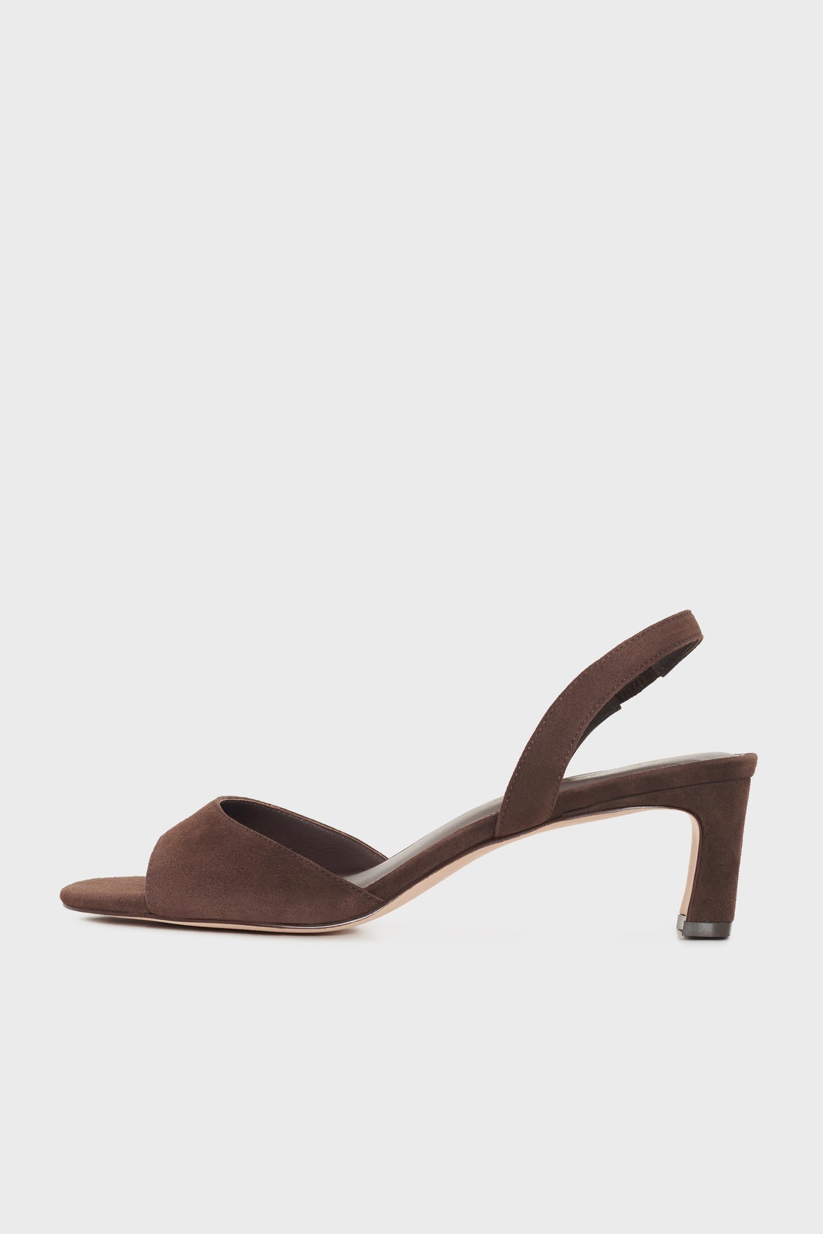 A brown suede slingback sandal (sandales cuir velours) with a mid-height heel (sandales talon), open toe, and minimalist design, displayed on a plain white background.
