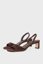 A pair of sandales marron en cuir velours open-toe slingback heels with a low, block heel, displayed on a plain white background.