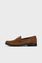 A brown mocassins cuir velours loafer with a low black heel, decorative stitching, and a classic penny strap, shown in profile against a plain white background—perfect chaussures casual chic for a refined yet relaxed look.