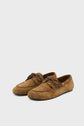 A pair of brown moccasin-style loafers crafted in cuir velours, featuring laces, textured uppers, and black rubber soles. Inspired by classic chaussures bateau, these shoes are perfect for adding effortless style to your printemps été wardrobe. Set against a plain light gray background.