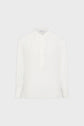 A white long-sleeve blouse with a round neck, partial front button placket, and wide cuffs, displayed on a plain light background.