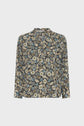 Long-sleeve blouse Clymène with a high neckline, featuring a motif floral print in shades of blue, yellow, white, and green on a black background. This elegant piece is finished with a delicate col tunisien for an added touch of sophistication.