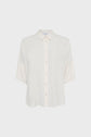 A white, short-sleeve button-up blouse with a collar, loose fit, and straight hem, displayed against a plain light background.