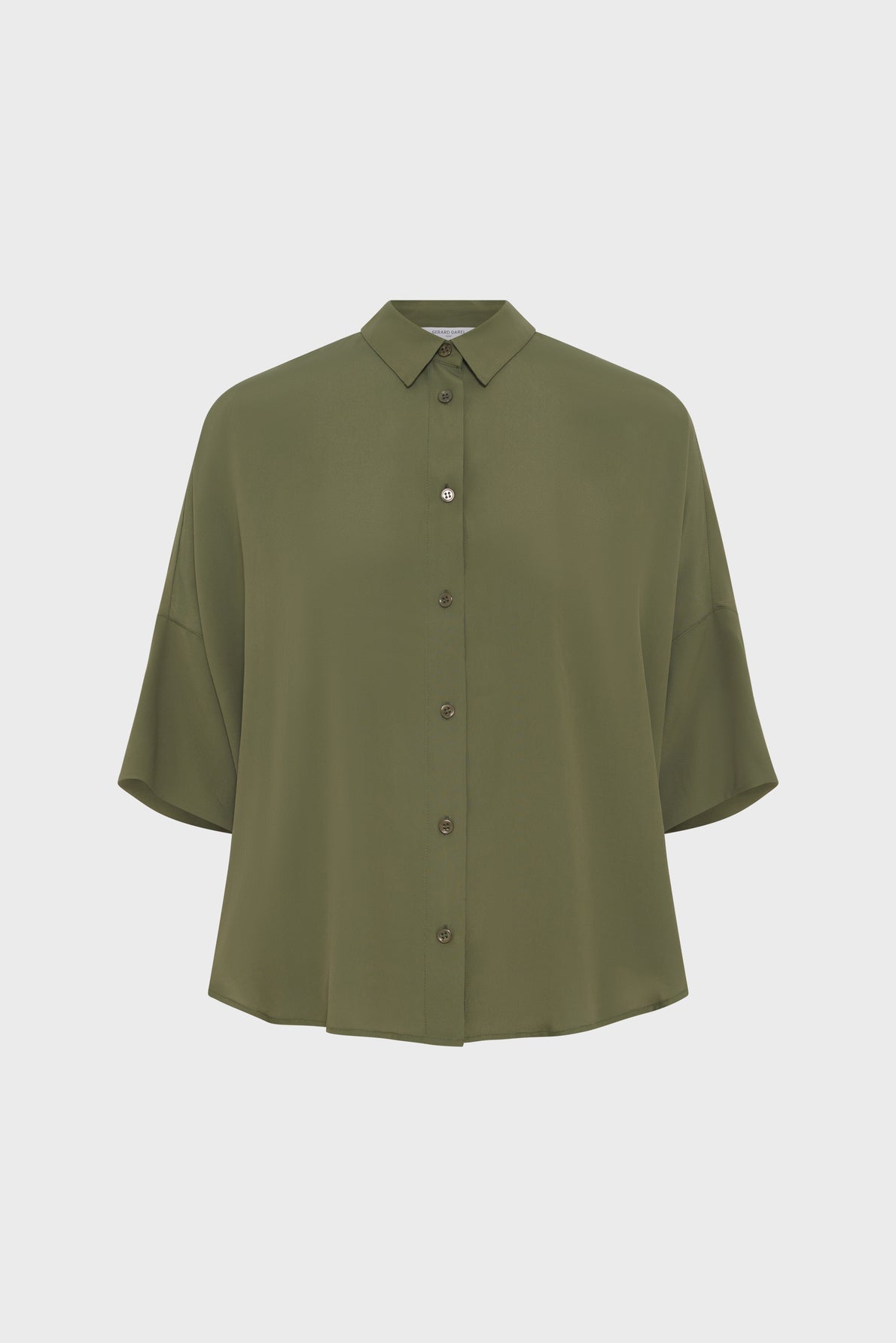 Olive green, short-sleeve, button-up blouse with a pointed collar and loose fit, displayed on a plain white background.