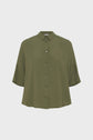 Olive green, short-sleeve, button-up blouse with a pointed collar and loose fit, displayed on a plain white background.