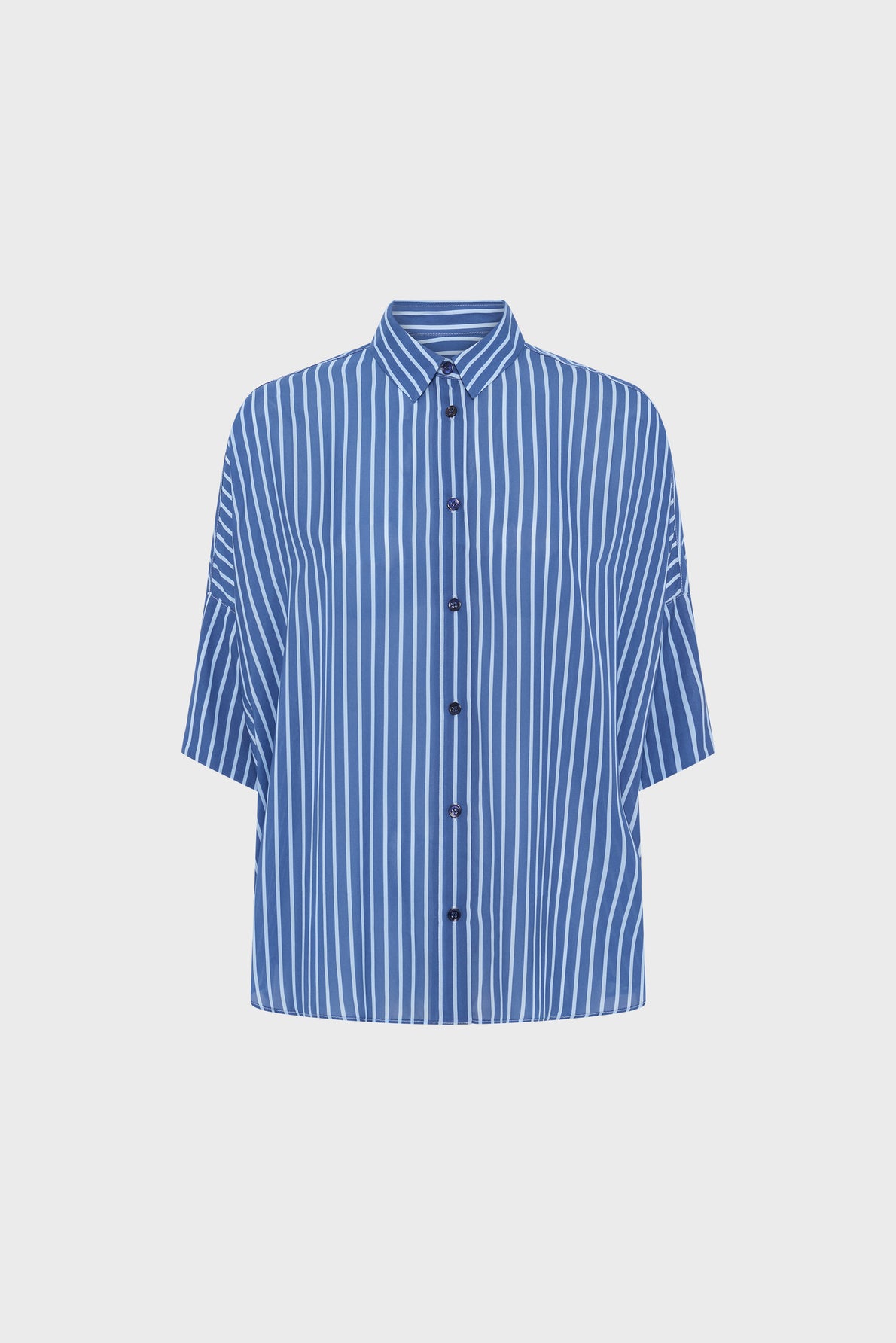 A blue short-sleeve button-up shirt with white vertical stripes, a collar, and a relaxed fit, displayed against a plain light background.