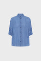 A blue short-sleeve button-up shirt with white vertical stripes, a collar, and a relaxed fit, displayed against a plain light background.