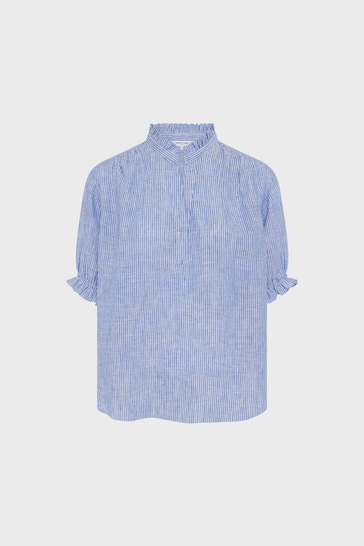 Light blue and white vertically striped blouse à rayures with short sleeves, ruffled cuffs, and a ruffled collar, displayed on a plain white background.