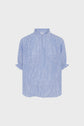 Light blue and white vertically striped blouse à rayures with short sleeves, ruffled cuffs, and a ruffled collar, displayed on a plain white background.