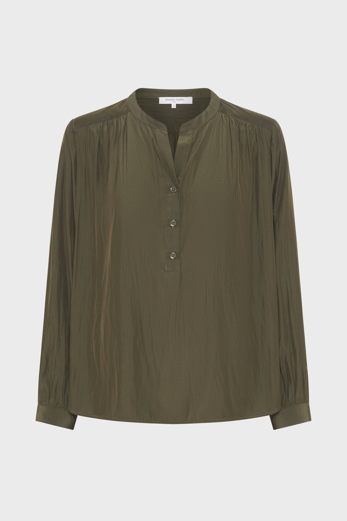 Olive green long-sleeve blouse with a band collar, front half button placket, gathered shoulders, and cuffed sleeves, displayed on a plain white background.