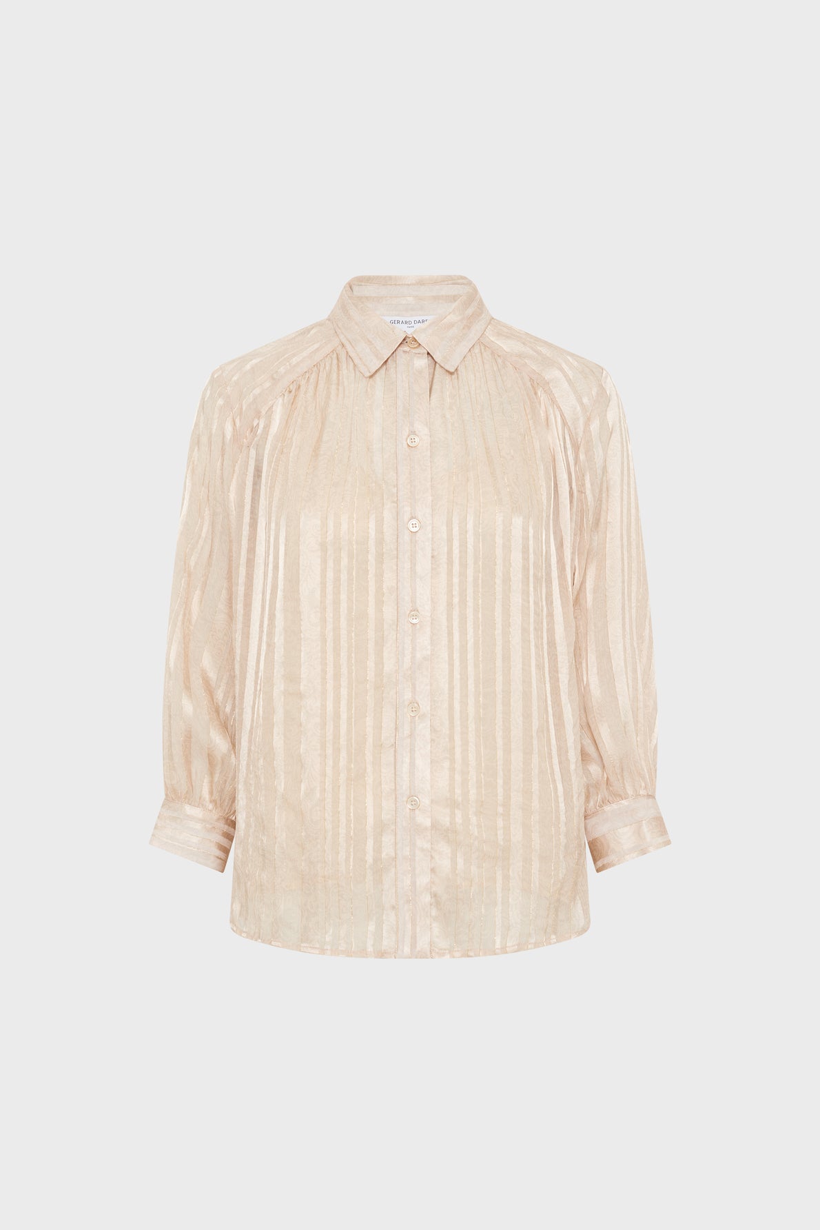 A beige, long-sleeve button-up blouse with a subtle vertical stripe pattern and a pointed collar, displayed on a plain white background.