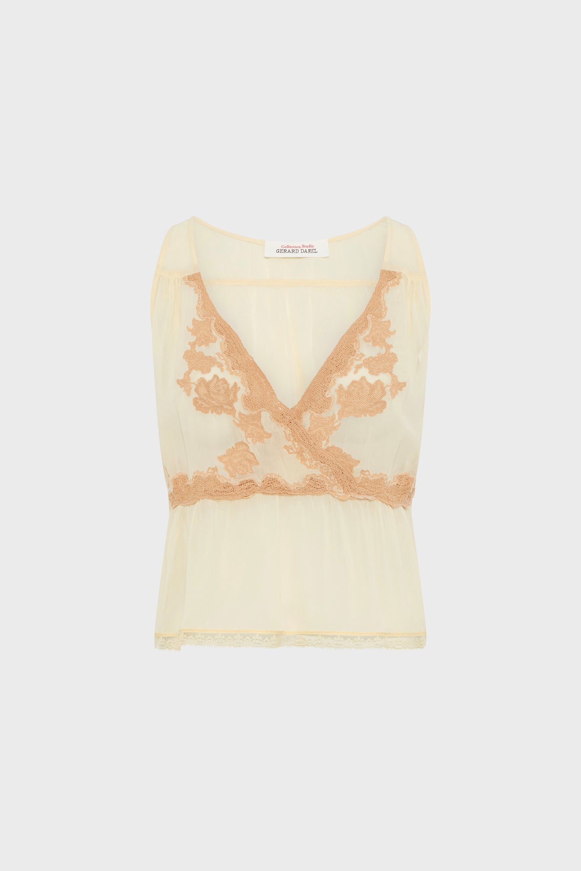 Sheer, sleeveless cream-colored lace camisole top with a col en V neckline and delicate peach floral lace detailing along the underbust, finished with fine finition dentelle for an elegant touch.