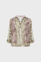 A paisley and floral-patterned blouse with a v-neckline, three-quarter sleeves, and a loose fit, featuring green, pink, and cream colors on a light background.