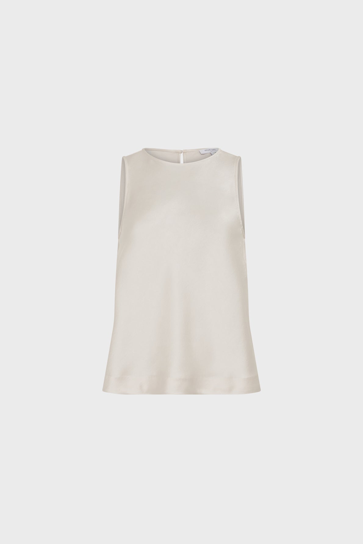 Sleeveless ivory satin blouse with a round neckline and a small button closure at the back, displayed on a plain light background.