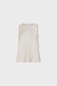 Sleeveless ivory satin blouse with a round neckline and a small button closure at the back, displayed on a plain light background.
