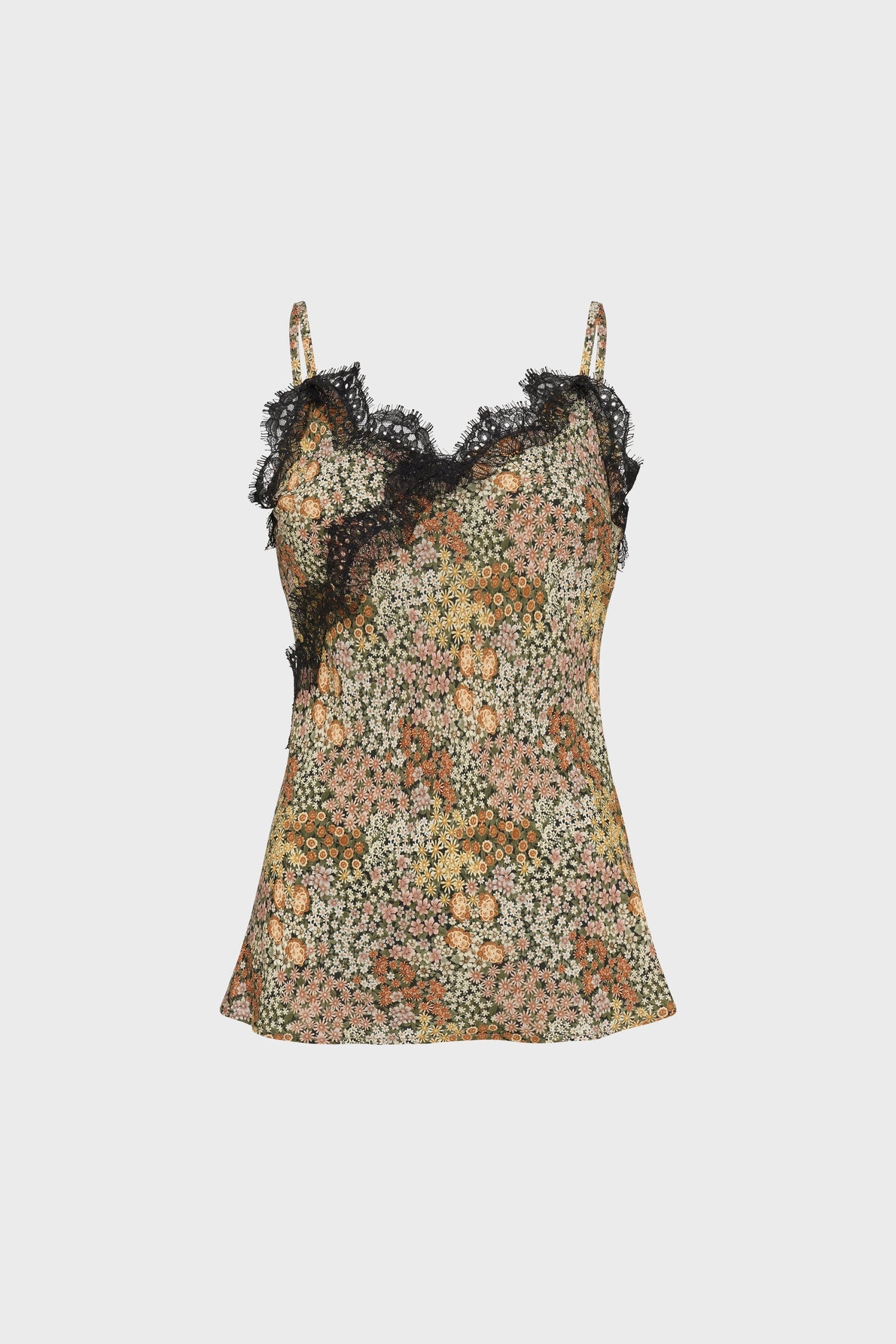 A floral lace-trim camisole with thin straps, black lace detail along the neckline, and a multicolor flower pattern on a beige background.
