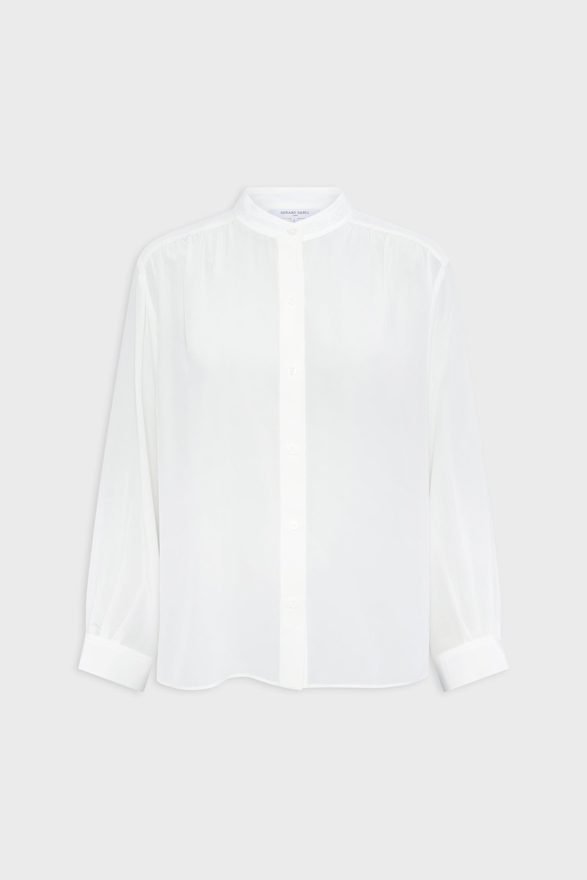 A long-sleeve, white button-up blouse with a mandarin collar and buttoned cuffs, displayed against a plain light background.