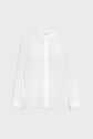 A long-sleeve, white button-up blouse with a mandarin collar and buttoned cuffs, displayed against a plain light background.