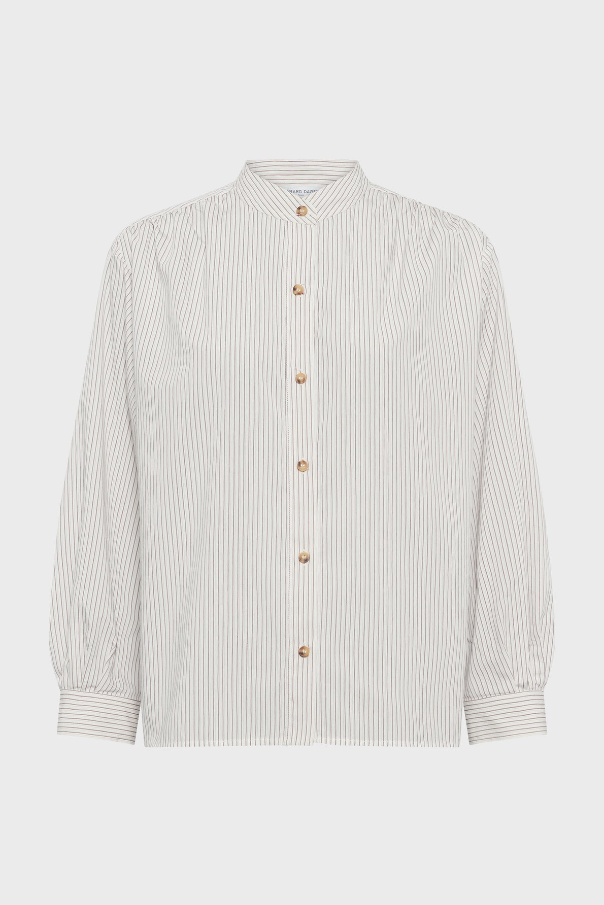 Light beige chemise à rayures with thin vertical stripes, featuring a col mao, button-down front with gold buttons, and long sleeves with cuffs.