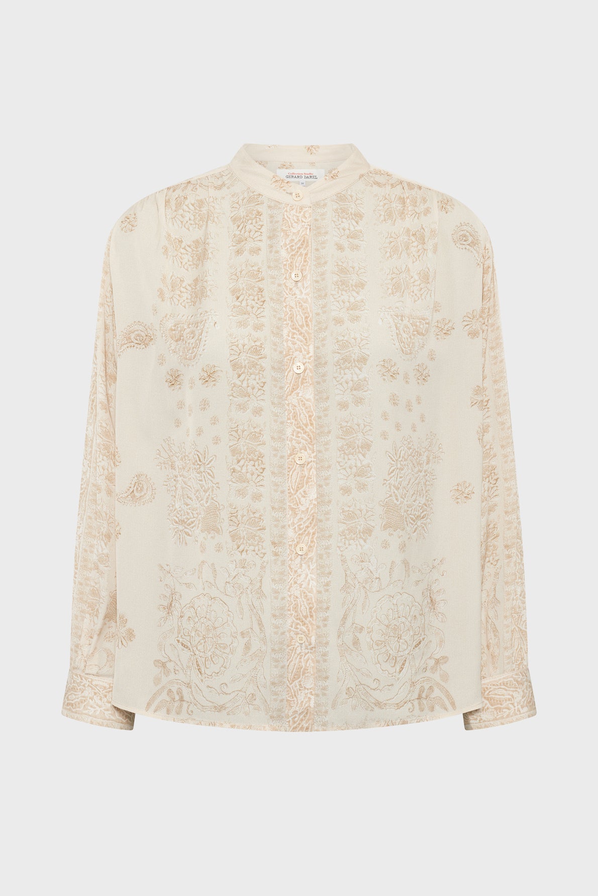 A long-sleeve cream blouse with a pale floral pattern, button-down front, and a mandarin collar, reminiscent of a delicate chemise fleurs brodées, displayed against a plain white background.
