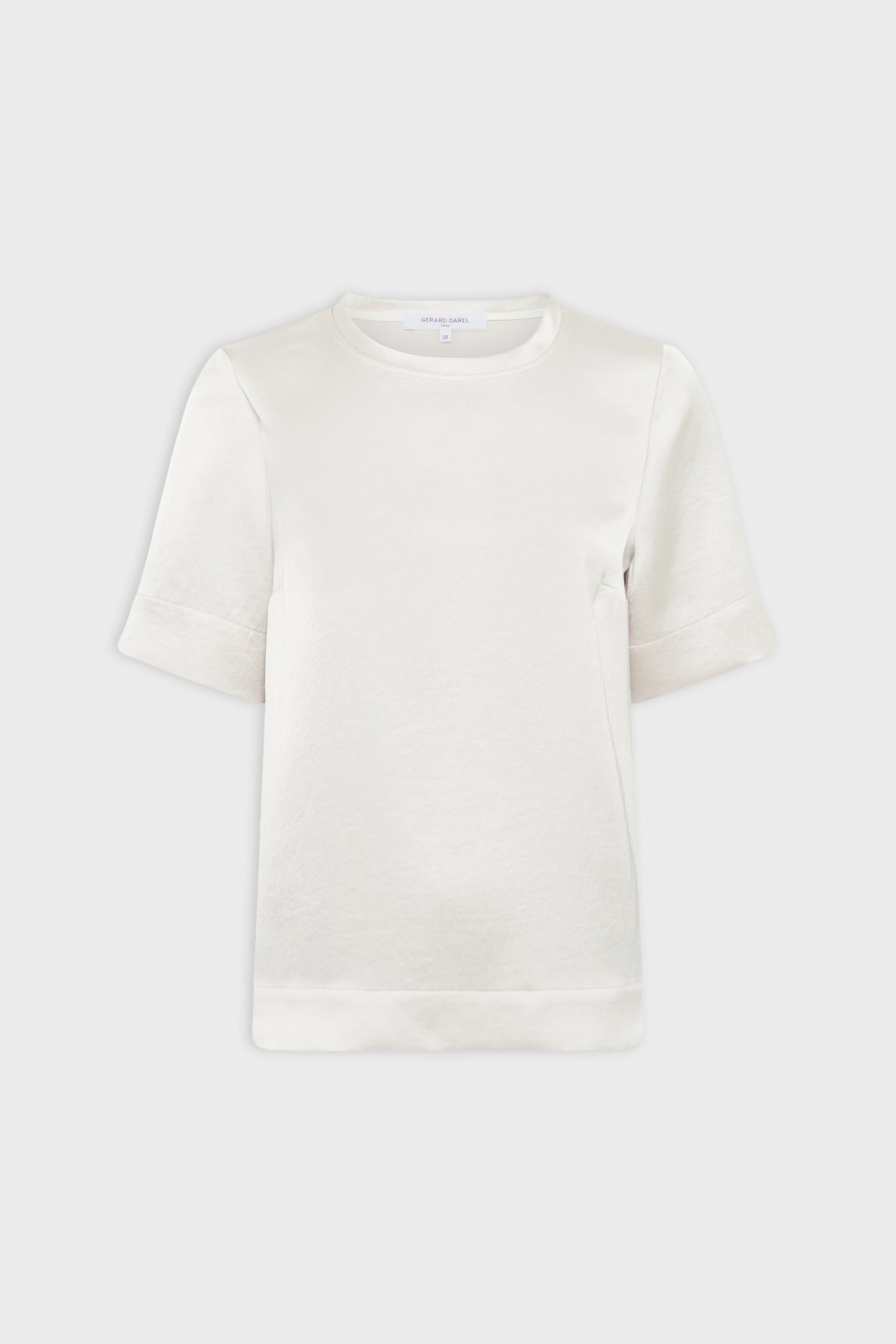 White short-sleeve crew neck t-shirt laid flat on a plain light background. The shirt has a simple, classic design with minimal details.