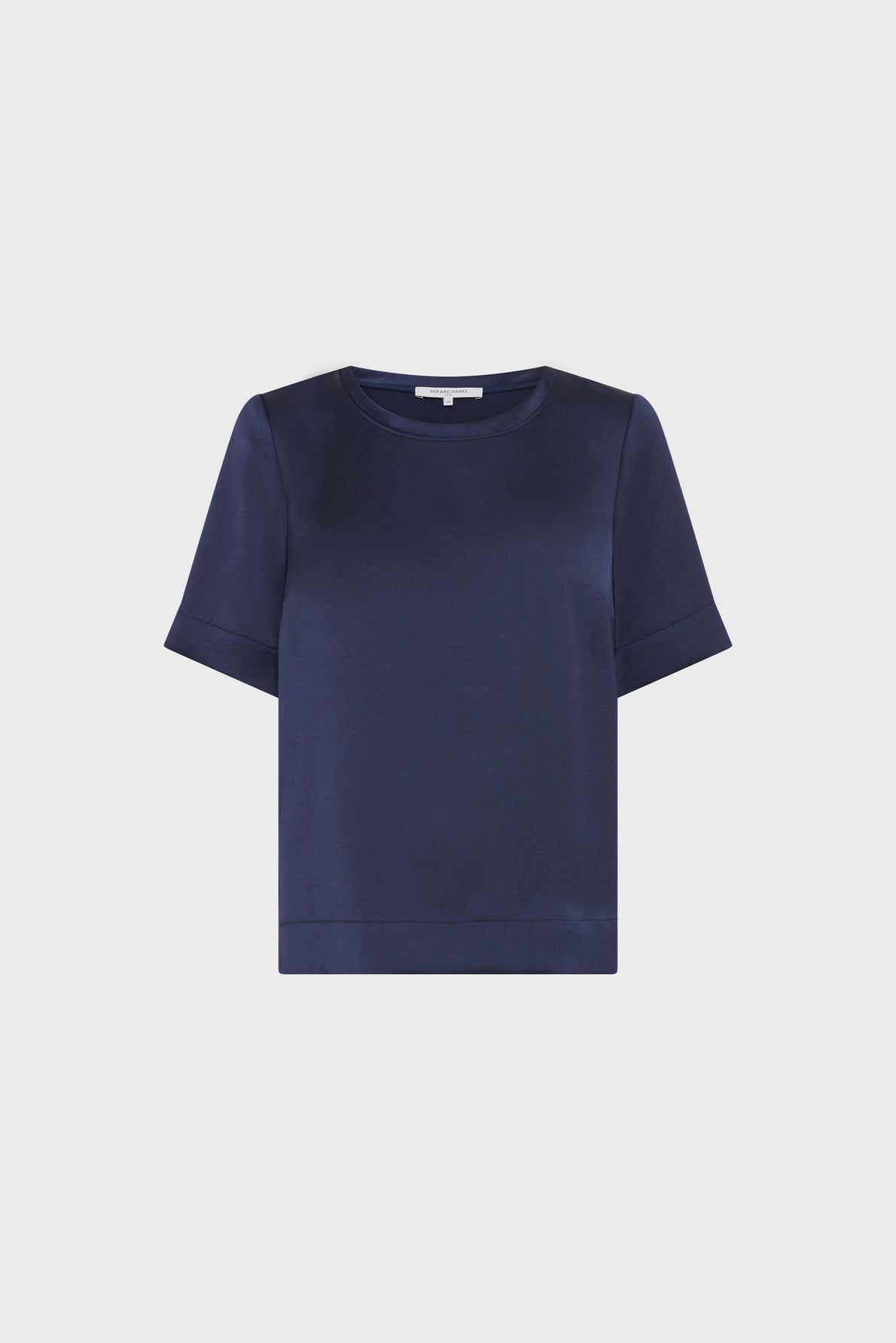 A plain, short-sleeve navy blue womens T-shirt is displayed on a white background.
