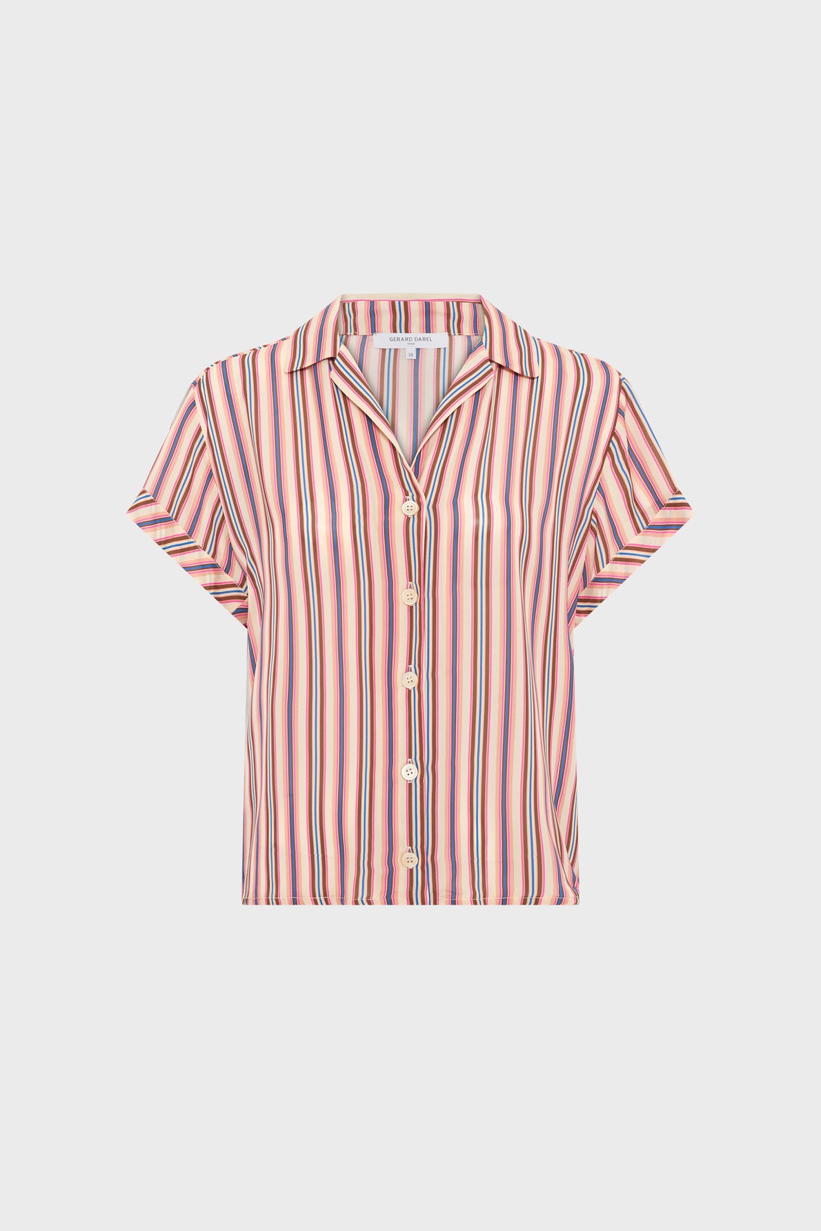 Short-sleeve, button-up shirt with vertical stripes in pink, navy, and white. The shirt has a collar and a relaxed fit, displayed against a plain white background.