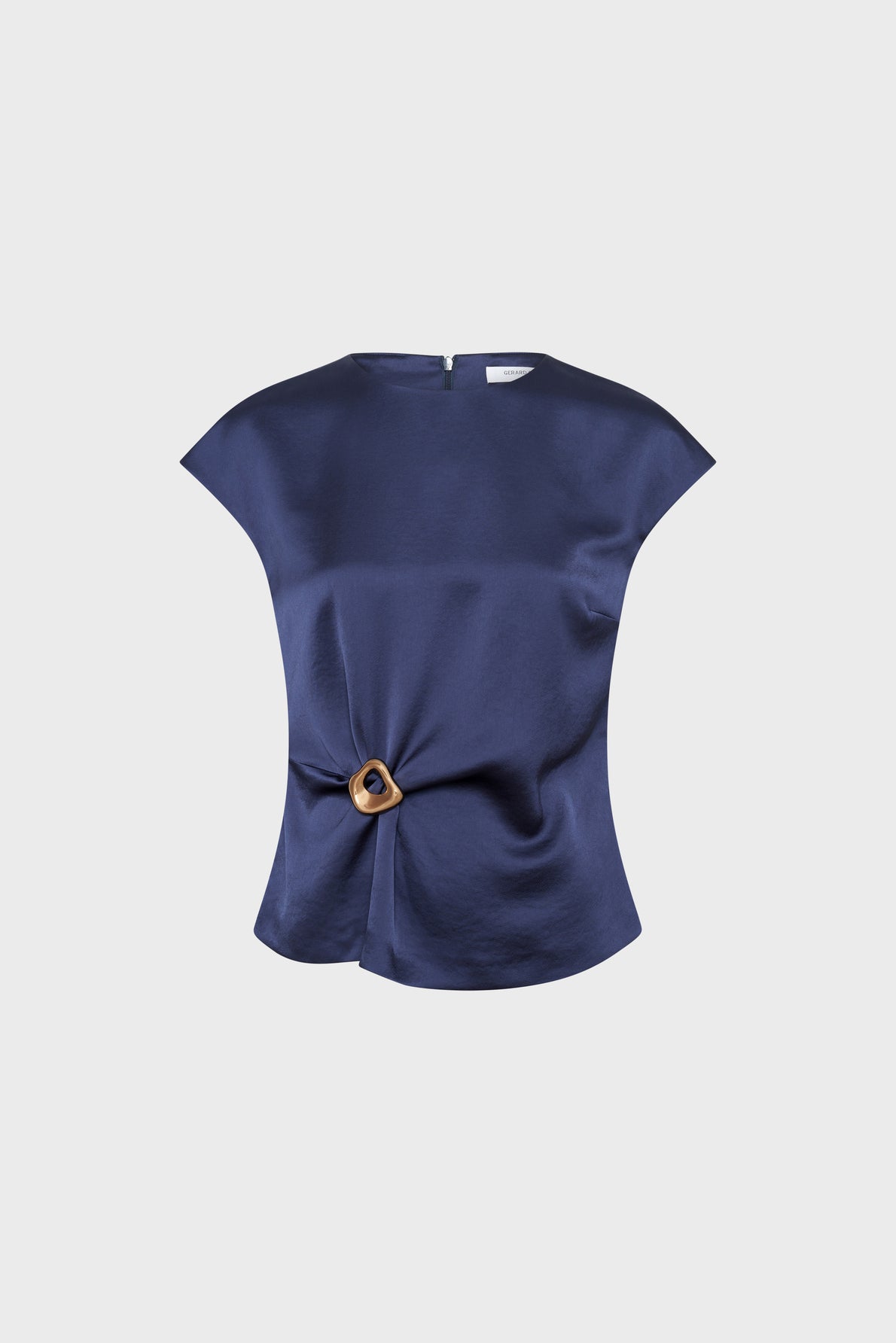 Navy blue short-sleeve satin blouse with a round neckline and a wooden ring detail gathering the draped fabric at the waist, displayed on a plain light gray background.