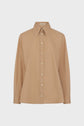 A beige long-sleeve button-up chemise coton with a pointed collar and white buttons, displayed on a plain white background.