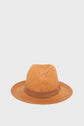 Brown straw fedora hat with a wide brim and a matching brown ribbon band, crafted from paille tressée, displayed against a plain white background—the perfect chapeau en paille for any accessoire vacances.
