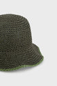 A close-up of a dark green woven chapeau de soleil bucket hat with a lighter green edge, set against a plain white background.