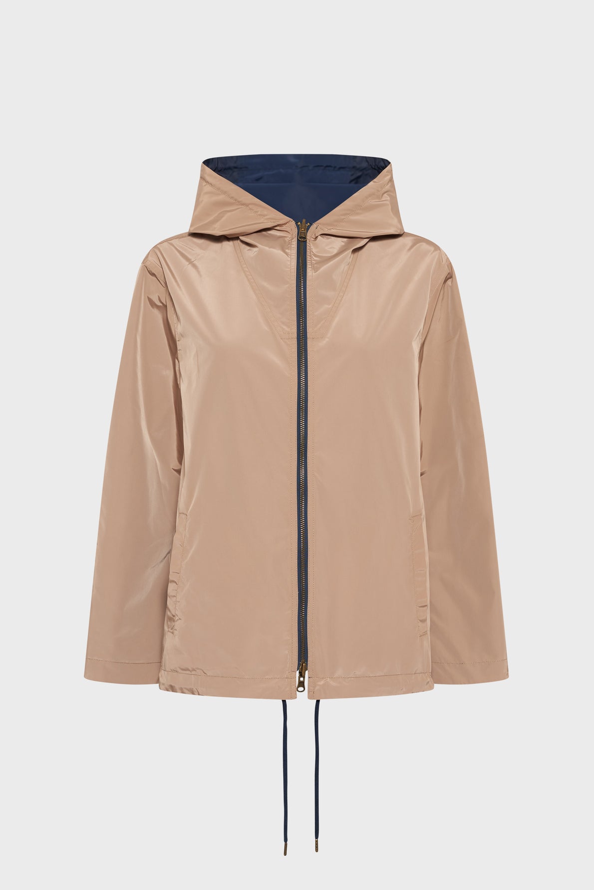 Tan hooded parka femme jacket with a front zipper, drawstring hem, and long sleeves, displayed against a plain white background.