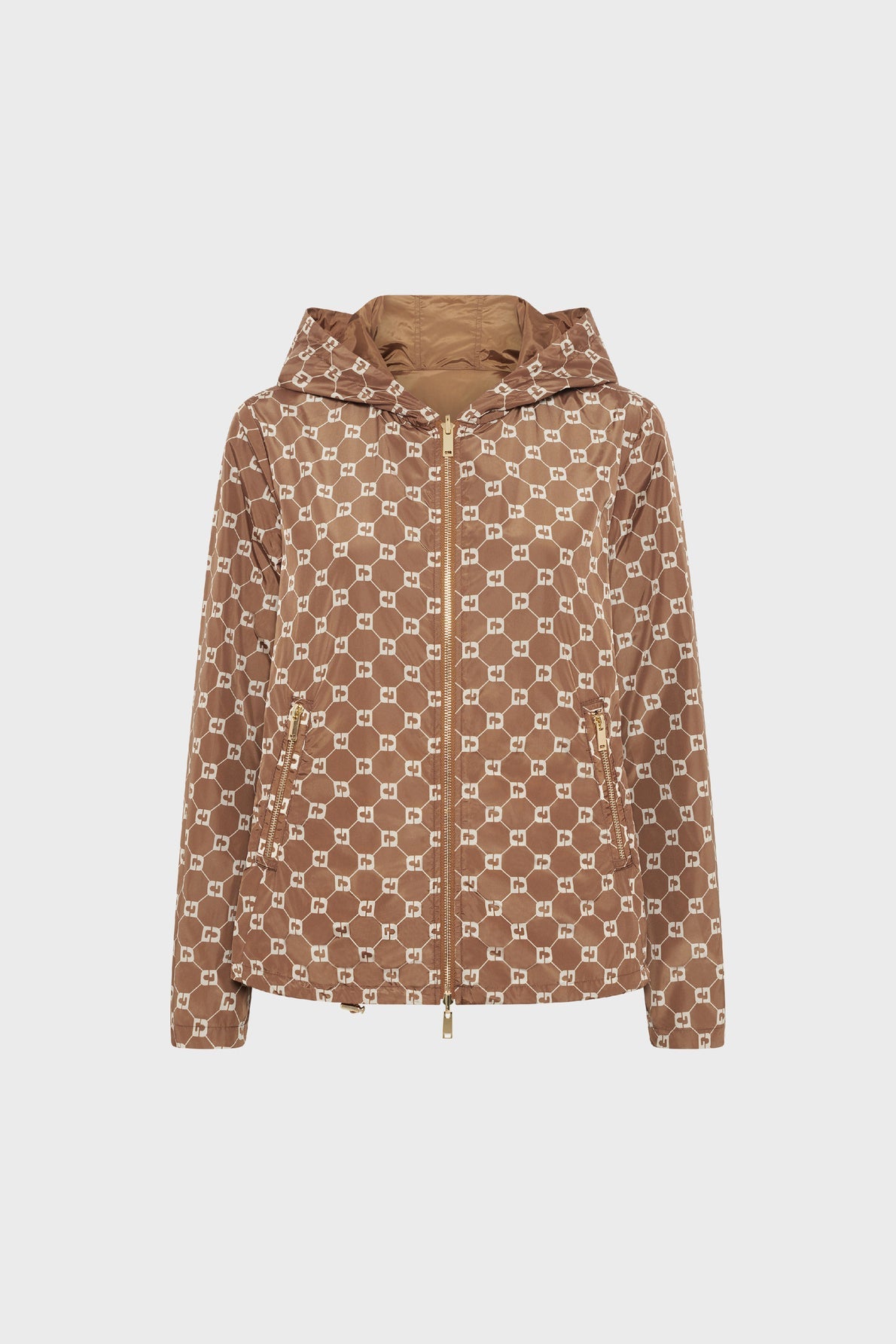 Brown parka courte jacket with a white geometric chain-link pattern reminiscent of a monogramme écru, featuring a front zipper, two zippered pockets, and a hood, displayed against a plain white background.