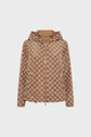 Brown parka courte jacket with a white geometric chain-link pattern reminiscent of a monogramme écru, featuring a front zipper, two zippered pockets, and a hood, displayed against a plain white background.