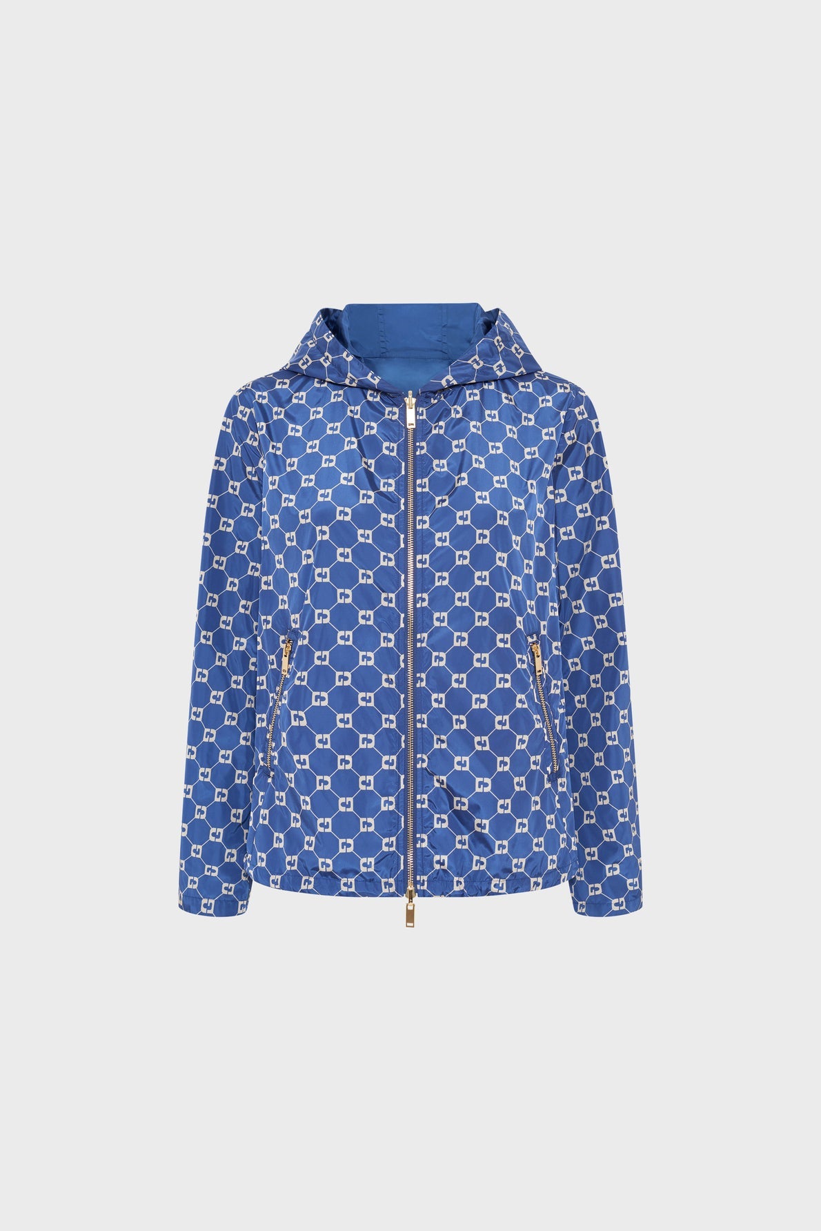 Blue hooded veste coupe-vent with a white geometric square pattern, gold zipper closure, and zippered pockets, displayed on a plain light gray background.
