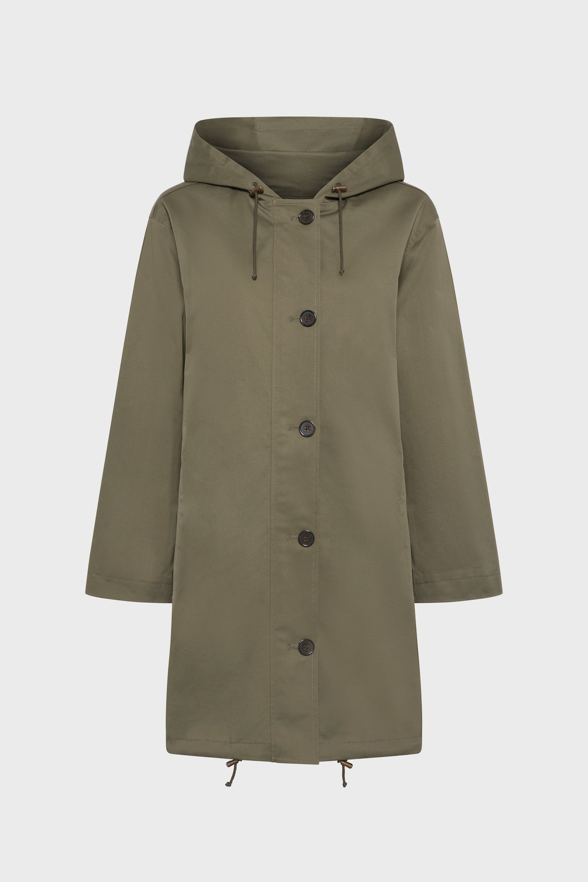 Olive green hooded coat with button closure, drawstrings at the hood and hem, and long sleeves. The coat is displayed on a plain white background.