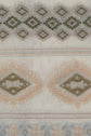 Woven fabric with geometric patterns in olive green, peach, and light blue on a cream background, featuring diamonds and zigzag designs arranged in horizontal bands—a true motif ethnique crafted from coton mélangé for an authentic yet comfortable touch.