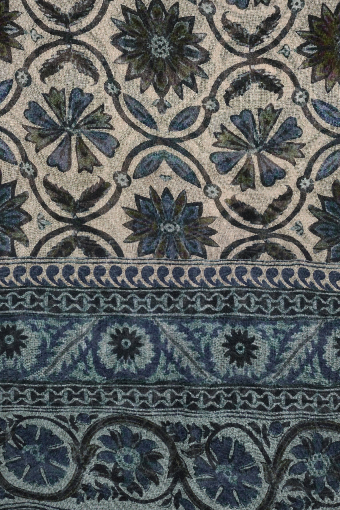 Blue and black floral and geometric block print textile pattern with repeating circular and diamond shapes, reminiscent of an élégante étole motif floral, and a decorative horizontal border at the bottom.