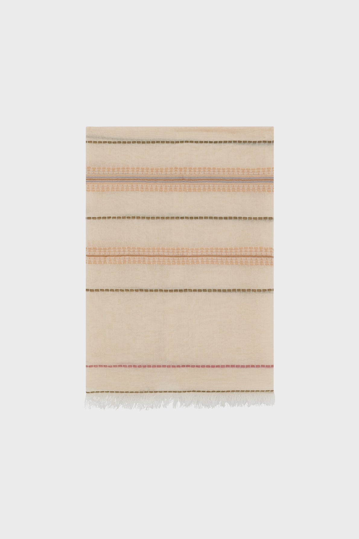 A beige rectangular textile, reminiscent of an étole beige, with horizontal embroidered stripes in brown, orange, and pink tones. The bottom edge features subtle fringe. The fabric is neatly folded and displayed against a plain white background.