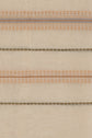 Beige fabric with horizontal embroidered stripes in shades of peach, gray, and olive green, featuring geometric and linear patterns. Reminiscent of an étole rayée, the texture appears soft and woven.