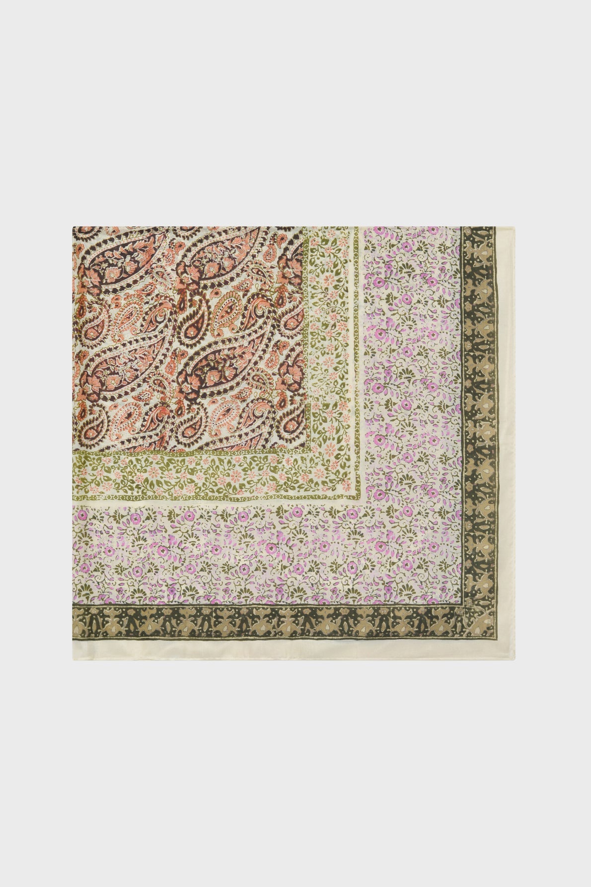 A square scarf inspired by the foulard indien tradition, featuring a paisley pattern in brown and black, bordered by green and pink imprimé floral designs and an outer beige and black floral border.