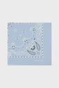 Light blue square bandana with a white and black paisley pattern and scalloped edges. Crafted in soft foulard coton, this carré Dayana features the name GERARD DAREL in white text near the lower right corner.